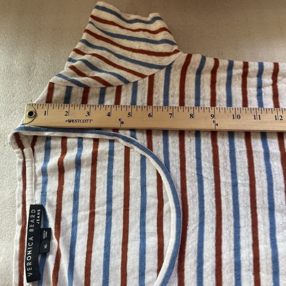 Veronica Beard Benji Striped Linen T Shirt Women XS Rust Blue Striped Oversized - Picture 7 of 10